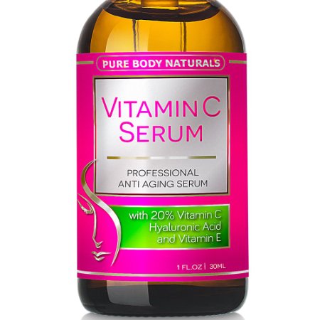 Pure Body Naturals Vitamin C Serum for Face with Hyaluronic Acid, 20% C + E Professional Topical Facial Organic Skin Care - 1 oz.