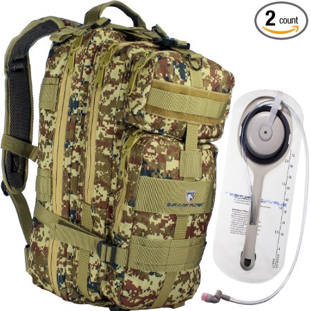 Survivor Filter Tactical Hydration Hiking and Emergency Waterproof Backpack PLUS Reservoir - All Custom Designed with Padded Shoulder Straps, Industrial Strength Zippers, Buckles, D-rings and More.