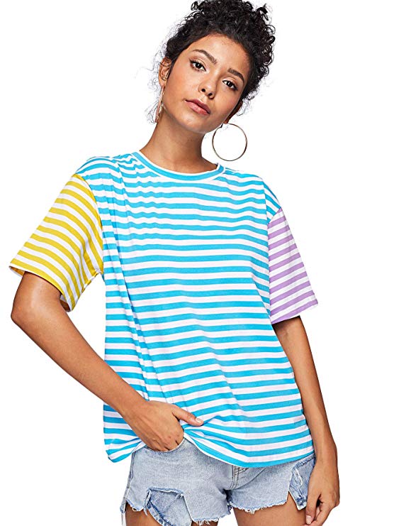 ROMWE Women Crewneck Striped Short Sleeve T-shirt Top Blouse