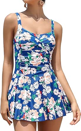 SHEKINI Women Retro One Piece Skirt Swimsuit Ruched Crossover Swimdress Bathing Suit