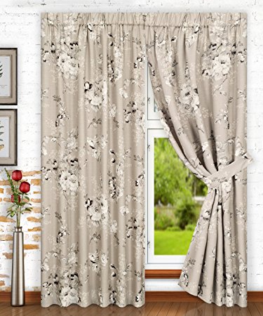 Ellis Curtain Chatsworth Traditional Floral Design (Tailored Panel Pair with Tiebacks, 70 x 63", Grey)