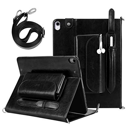 FYY Luxurious Genuine Leather Case with [Charger Organizer] [Shoulder Strap] [Card Slots] [Multiple Angles] [Support Apple Pencil Charging] for New Apple iPad Pro 12.9 inch 3rd Generation 2018 Black
