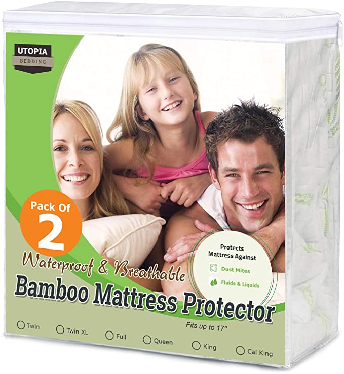Utopia Bedding Bamboo Mattress Protector – Breathable and Waterproof Mattress Cover - Smooth Grip - Fits 17 Inches Deep - Easy Care (Pack of 2, Queen)