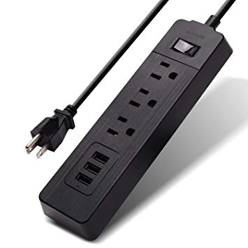 Wall Mount Power Strip-JACKYLED Lightweight 3 AC Outlets with 3 Smart USB Fast Charging Multi-Protection Brushed Metal 5V 3A Multi Outlets for Nightstand,Desktop,Travel,Home,Office,Black