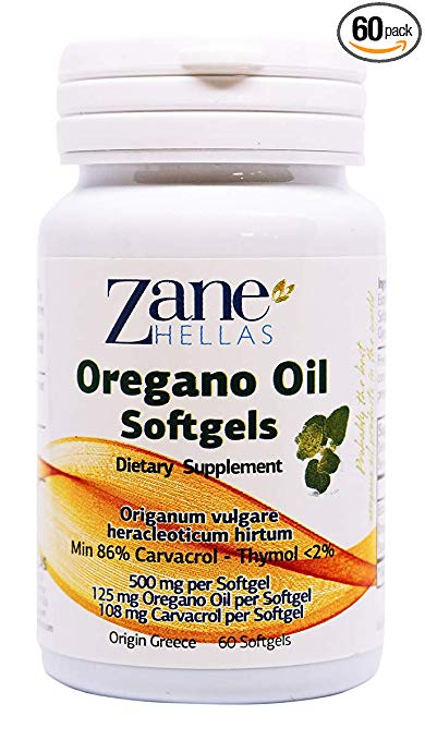 Zane Hellas Oregano Oil Softgels. Concentrate 4:1 Provides 108 mg Carvacrol per Serving. 60 Softgels- Capsules with Pure Essential Oil of Oregano and Extra Virgin OIive Oil.