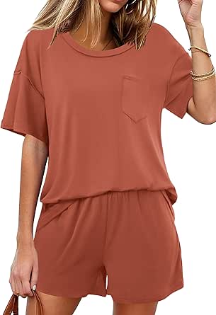 Ekouaer Women's 2 Piece Pajama Sets Short Sleeve Lounge Sets Soft Round Neck Top and Shorts Sleepwear