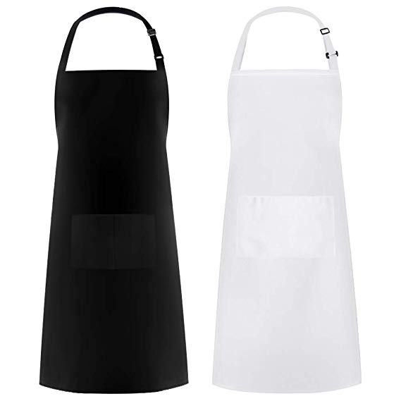 Syntus Adjustable Bib Apron Thicker Version Waterdrop Resistant with 2 Pockets Cooking Kitchen Aprons for Women Men Chef, White & Black Pack of 2
