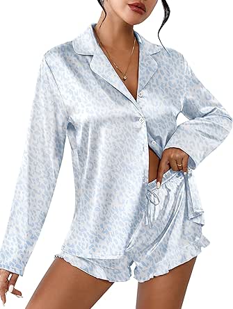 Ekouaer Womens Satin Pajama Sets Long Sleeve Top and Shorts Lounge Set Button Down Sleepwear