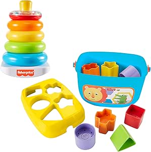 Fisher-Price Classic Toys Bundle with Baby’s First Blocks Set and Rock-a-Stack Ring Stacking Toy for Infants Ages 6  Months