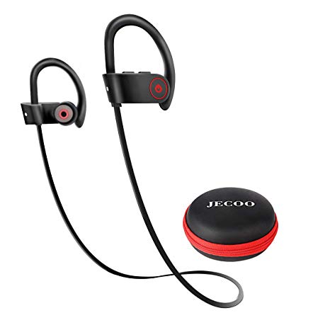 Bluetooth Headphones, Jecoo IPX7 Waterproof Wireless Sport Earphones HD Stereo Sound Sweatproof in-Ear Earbuds with Mic Noise Cancelling Headsets for Gym Running Workout, 7-8 Hrs Play Time Black