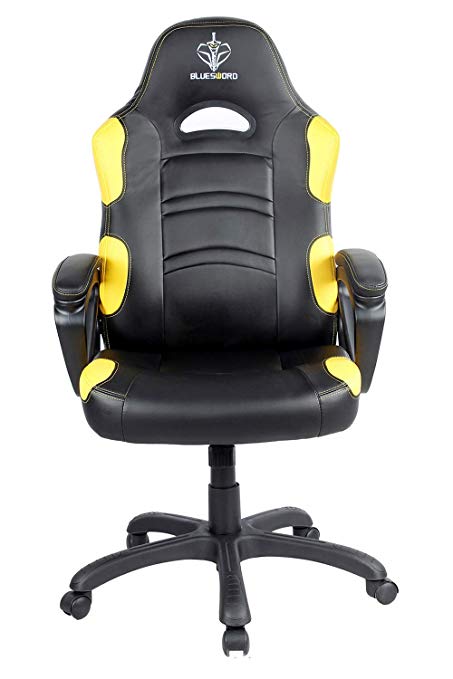 BLUE SWORD Gaming Chair, Racing Car Style Gaming Chair with Large Bucket Seat, Computer Chair with Tilting and Swivel Function, Leatherette, Yellow