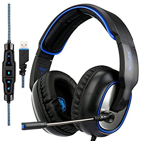 SADES R7 USB Stereo Gaming Headset for PC, 7.1 Surround Sound Noise Cancelling Over Ear Headphones with Mic, Headset for Laptop Computer Games