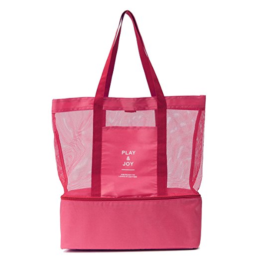 MEJOY Handheld Lunch Bag Insulated Cooler Picnic Bag Mesh Beach Tote Bag Food Drink Storage rose