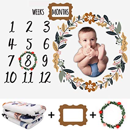 Baby Monthly Milestone Blanket for Newborn Baby, Premium Thick Fleece Boys Girls Weekly & Monthly Photography Background Blanket with Frame and Wreath Shower Gifts Large 50 x 40 Inch