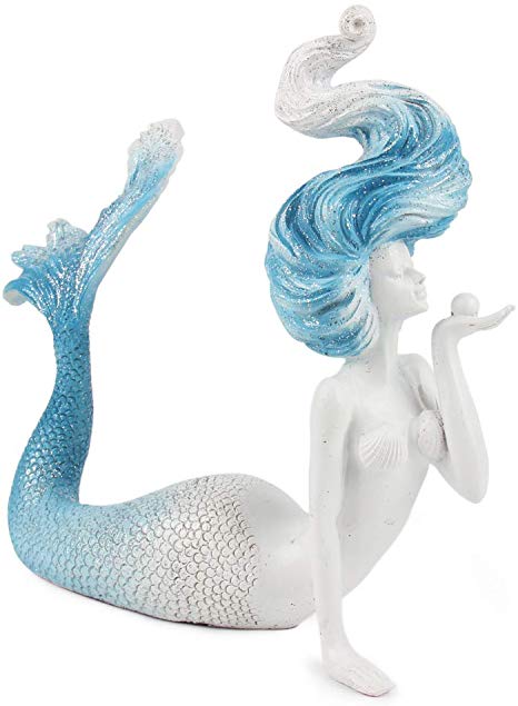 HONGLAND Mermaid Resin Figurine Blue Tailed Decorative Statue Ocean Art Decor Collectibles Sculpture Lying on The Beach
