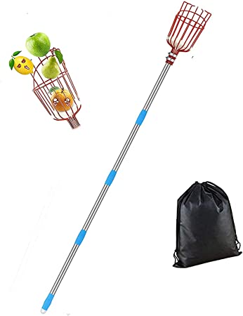 HORSE SECRET Fruit Picker Tool-8 FT Adjustable Fruit Picker with Basket Apple Orange Pear Picker with Light-Weight Stainless Steel Pole and Extra Fruit Carrying Bag