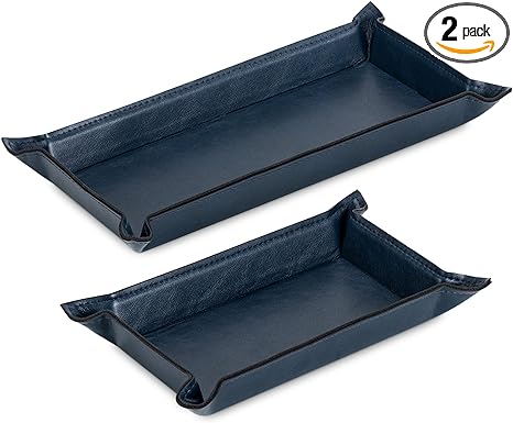 Navaris Faux Leather Tray Set - 2 Valet Organizer Trays for Bedside Table, Night Stand, Desk - Store Keys, Change, Wallet, Phone, Glasses - Navy Blue