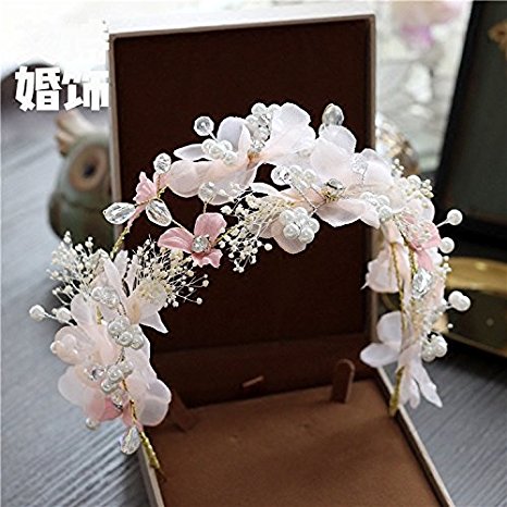 Generic Pale pink silk flowers double yarn immortal garland crown tiara tiara hair bands Korean bridal headdress hair accessories sweet marriage