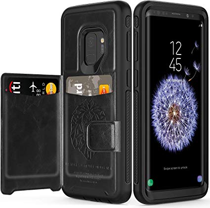Timecity Samsung Galaxy S9 Case,iPhone 5.8-Inch Wallet Case with Card Holster/Kickstand.Dual Layer Hybrid Rugged Durable Defender Design Leather Hard Armor Cover for Samsung Galaxy S9-Black