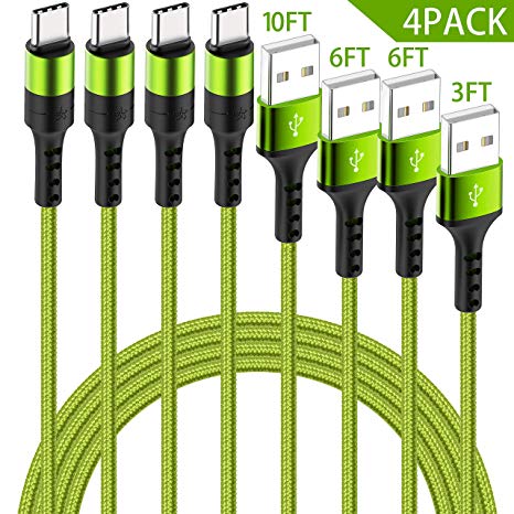 HaoKande 4Pack(10ft 6ft 6ft 3ft) USB Type C Nylon Braided Long Cable Fast Charger Compatible for Samsung Galaxy S10 9 8 Plus Note 9 8,LG G7 6 5 V20 30,Nintendo Switch,GoPro Hero (Dark Green)