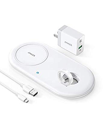 Anker PowerWave  Pad with Watch Holder, Qi Certified 2 in 1 Wireless Charging Pad with Apple Watch Holder for Apple Watch Series 4/3/2, Fast Charging iPhone Xs/XS Max/XR/X/8 (No Apple Watch Charger)