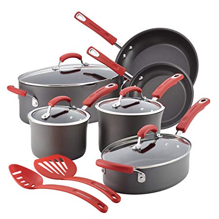 Rachael Ray Hard-Anodized Nonstick 12-Piece Cookware Set, Gray with Red Handles