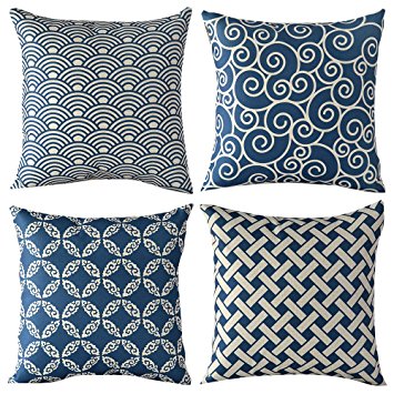 WOMHOPE 4 Pcs - 17" Blue and Beige Vintage Style Cotton Linen Square Throw Pillow Case Decorative Cushion Cover Pillowcase Cushion Case for Sofa,Bed,Chair (Blue and Beige 4 Pcs)