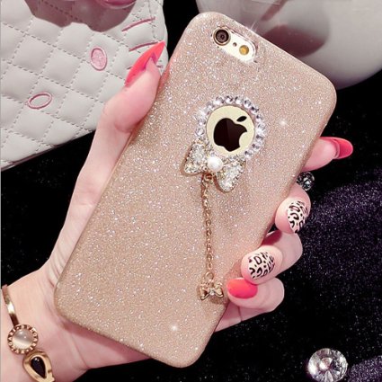iphone 6 plus caseGomyc 3D Luxury Hybrid Bling Crystal Rhinestone bow-knot Pendent Charms with sparkly Glitter soft Rubber Protective Diamond Case for iPhone 6 plus6s plus 55inch champagne