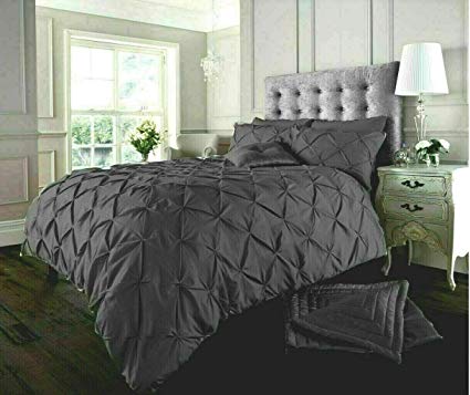 RAYYANLINEN 3PCs PINTUCK PLEATED DUVET COVER BEDDING SET WITH PILLOWCASES (Charcoal Grey, DOUBLE)