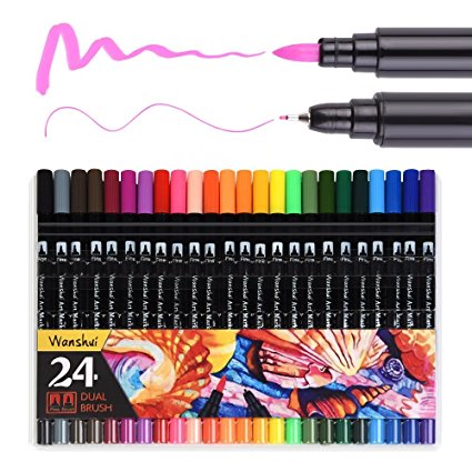 Dual Markers Pen 24 Unique Colors Fine and Brush Tip Art Marker Set with Fineliner 0.4mm Best for Coloring Drawing Painting Wanshui