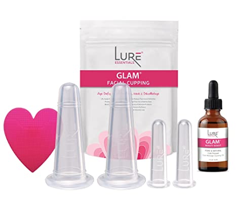 GLAM Face Cupping Therapy Set – Includes Anti-Aging Oil, Silicone Cleansing Brush