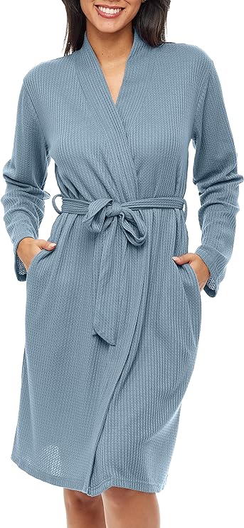 Alexander Del Rossa Women's Soft Ribbed Waffle Rib Knit Wrap Robe with Pockets, Lightweight Bathrobe