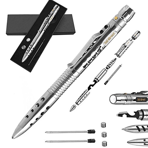 Tactical Pen Self Defense Tool for Survival - 303 Stainless Steel Badass EDC - Tactical Flashlight, Ballpoint Pen, Glass Breaker, Multitool - 2 Inks & 3 Batteries Sets - Gift Boxed