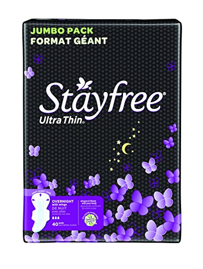 Stayfree Ultra Thin Pads for Women with Wings, Overnight - 40 Count