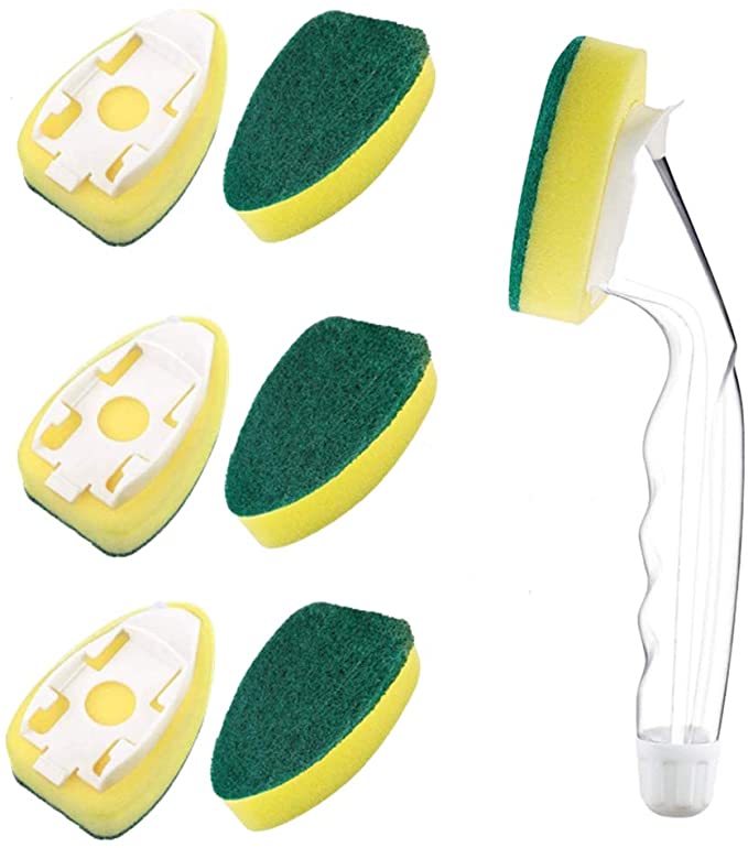 Non Scratch Heavy Duty Dishwand - Greener Soap Dispenser Dishwand Set (1 Handle and 7 Refill Replacement Sponge Heads), Multi-Purpose for Kitchen Sink Non-Stick Cookware Cleaning (Sponge Heads)