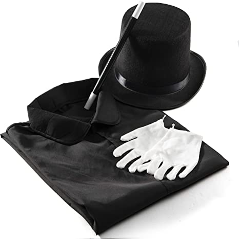 Prextex Magician Costume for Kids - Kiddie Role Play Halloween Magician Dress Up Set, Top Hat, Cape, Magic Wand and White Gloves