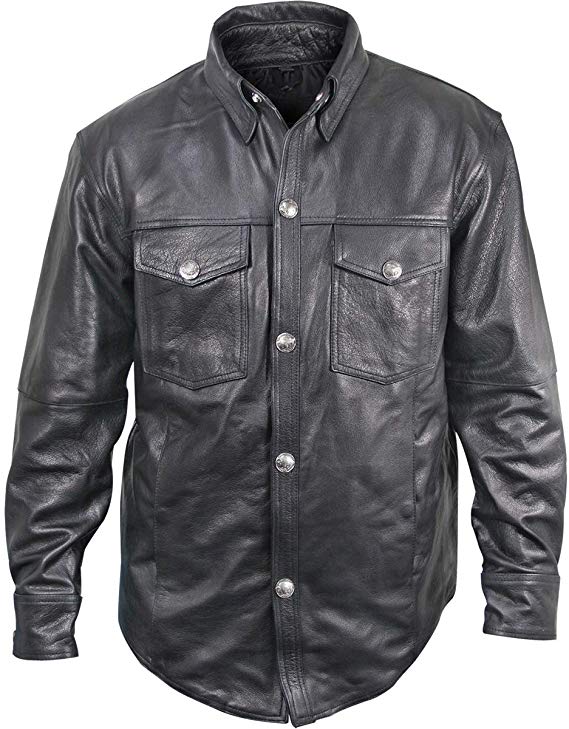 Xelement XS908B Men's Black Leather Shirt with Buffalo Buttons - Medium