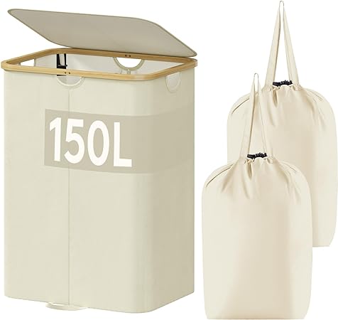 Lifewit 150L Double Laundry Hamper with Lid, Large Laundry Basket with Bamboo Handles and Removable Laundry Bags, Foldable Clothes Hampers for Laundry for Bedroom, Bathroom, Dorm, Laundry Room, Beige