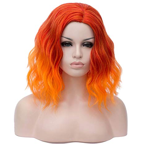 Cying Lin Short Bob Wavy Curly Wig Orange Ombre Wig For Women Cosplay Halloween Wigs Heat Resistant Bob Party Wig (Orange) Wig Cap