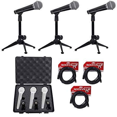 Samson R21 (3) Dynamic Vocal Cardioid Microphones Mic Stands Clips Case Cables
