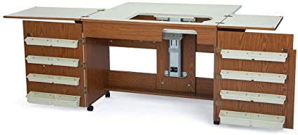 Arrow 700 Bertha Sewing Cabinet for Sturdy Sewing, Cutting, Quilting, Crafting, Portable with Wheels, Airlift, and Storage, Oak Finish