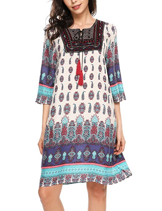 Beyove Women Vintage 3 4 Sleeve Bohemian Beach Ethnic Printed Loose Tunic Dress