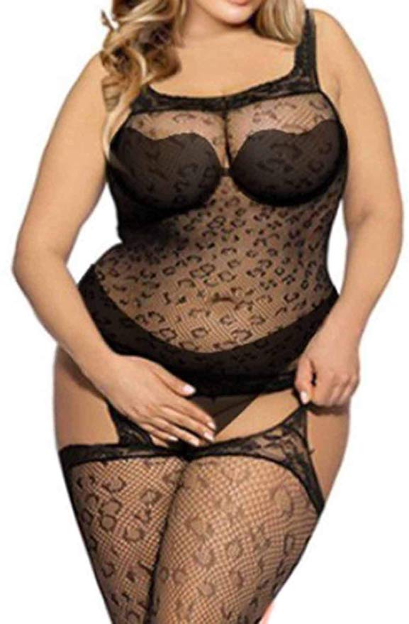 Vivilover Womens Lingerie Curvy Lines Pattern Plus Size Fishnet Bodystocking Black