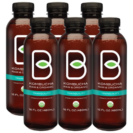 B-tea Kombucha Raw Organic Tea, Only 2 g of Sugar, Probiotics & Prebiotic, Kosherx, Tranquility Tea, 16 oz, 6 Piece