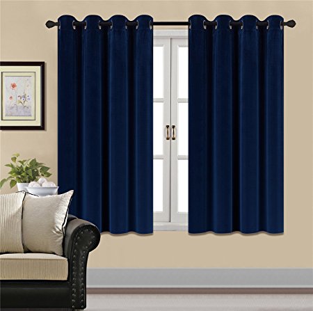 HCILY Blackout Velvet Curtains Navy 63 Inch thermal insulated for bedroom 2 panels (W52'' x L63'', Blue)