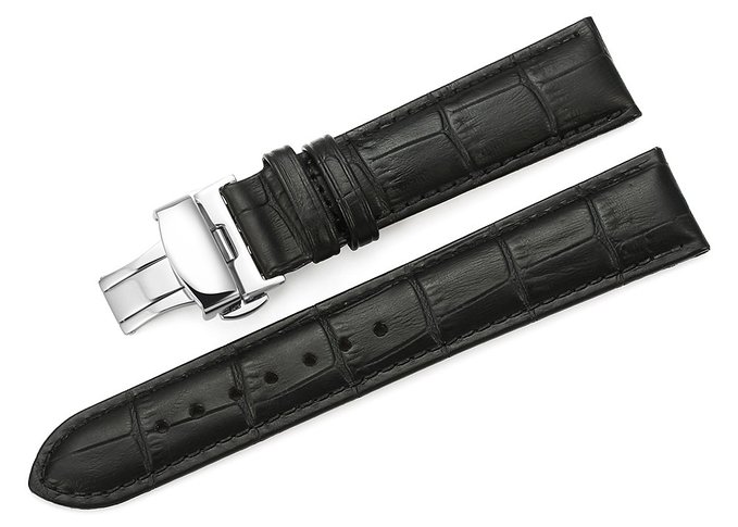 iStrap 21mm Calf Leather Padded Replacement Watch Band W/ Push Button Deployment Buckle Black 21