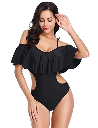 MarinaVida Swimsuit for Women One Piece Flounce Ruffle Off Shoulder Monokini V Neck Cutout High Waist Bathing Suit