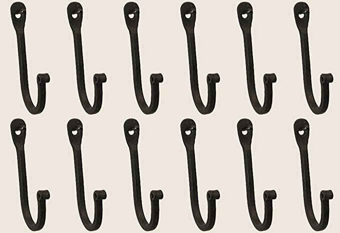 Vintage Hand Forged Iron Classic Early American Plain Hook Black Set of 12