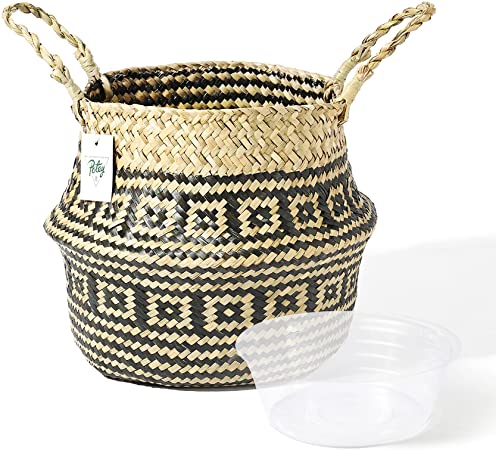 POTEY 701203 Seagrass Plant Basket - Hand Woven Belly Basket with Handles, Large Storage Laundry, Picnic, Plant Pot Cover, Home Decor and Woven Straw Beach Bag (Large, Black Flower)