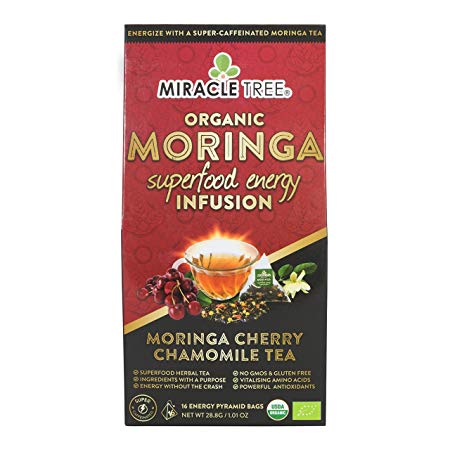 Miracle Tree's Energizing Moringa Infusion - Cherry Chamomile Tea | Super Caffeinated Blend | Healthy Coffee Alternative, Perfect for Focus | Organic Certified & Non-GMO | 16 Pyramid Sachets